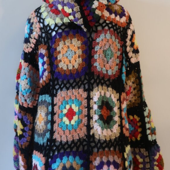 NWT Womens Tina Demel Multicolor Hood Granny Square Crochet Cardigan Sweater M/L - Picture 11 of 13